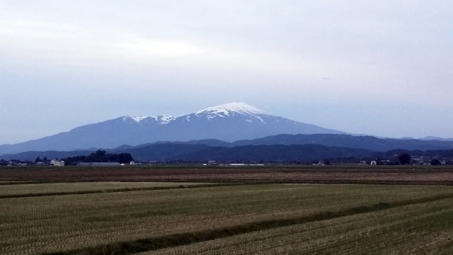 くすんだ空色と山の色。